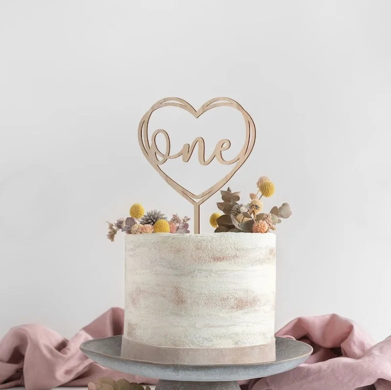 One year old Happy Birthday Cake Topper Flower Plant Wooden Baby Cake Topper For Kids Birthday Party Cake Decoration Baby Shower