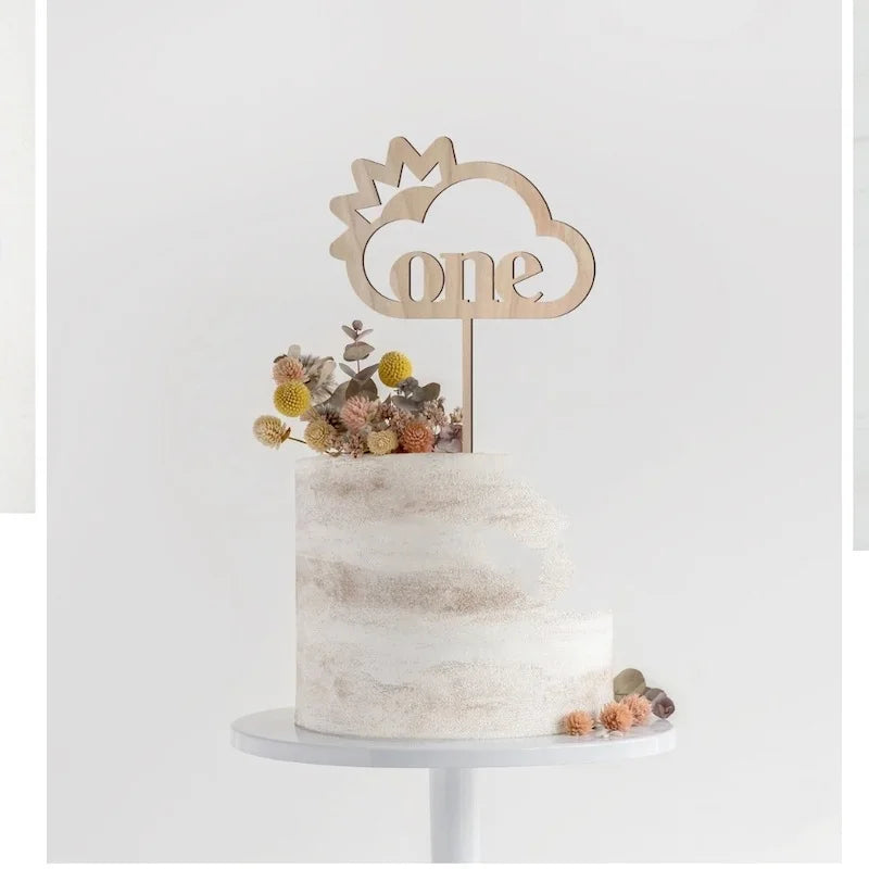 One year old Happy Birthday Cake Topper Flower Plant Wooden Baby Cake Topper For Kids Birthday Party Cake Decoration Baby Shower