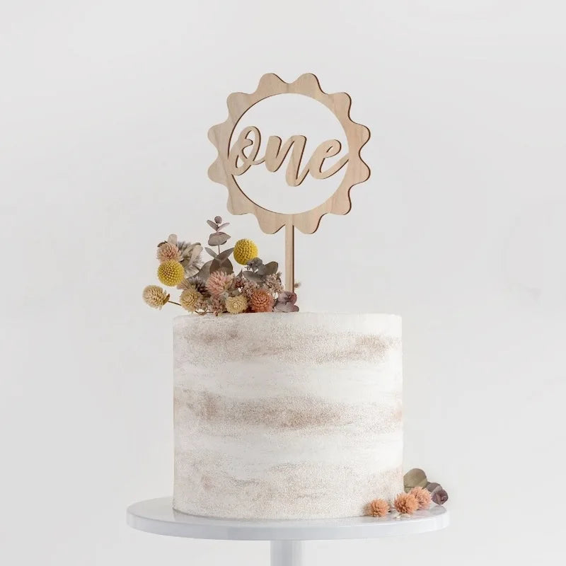 One year old Happy Birthday Cake Topper Flower Plant Wooden Baby Cake Topper For Kids Birthday Party Cake Decoration Baby Shower
