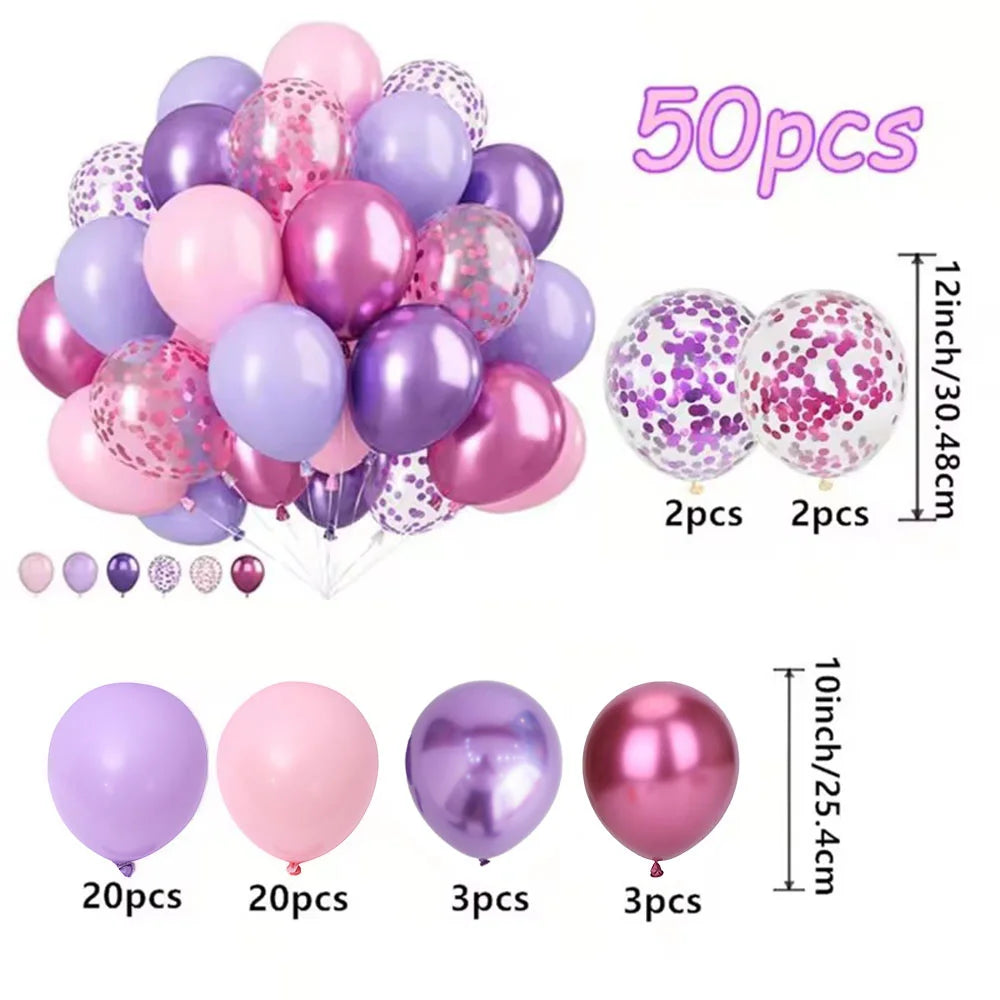 50PCS Balloon Set For Weddings, Birthdays, Macaron Pink Purple Metal and Confetti Balloons, Used For Indoor and Outdoor Party De