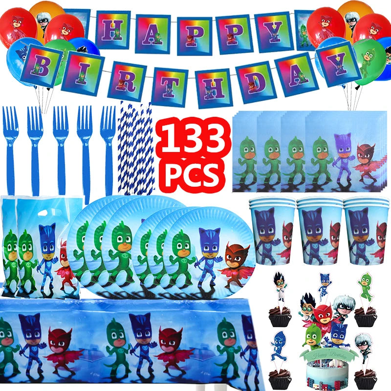 Kit Paper Tableware Pajamas Boys Happy Birthday Party Decoration Baby Shower Mask Boy Party Supplies Foil Balloons Kit Gift Bags